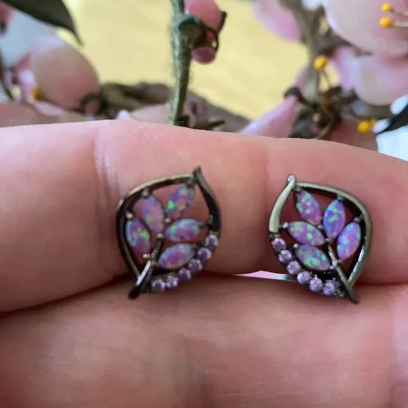 Vintages sterling opal amethyst leaf earring - Picture 4 of 4